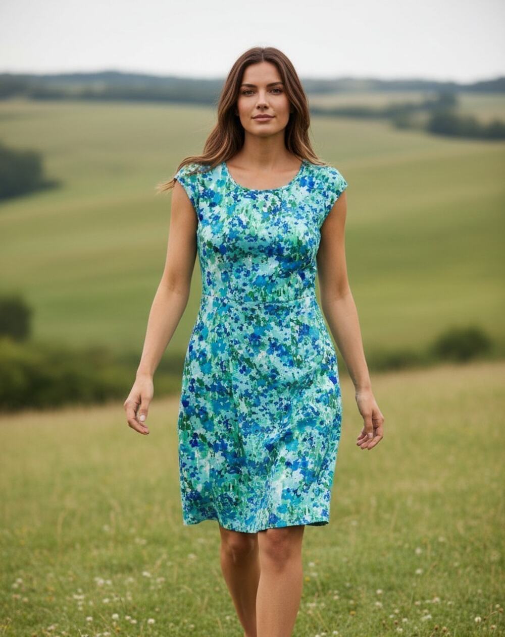 Calvin Klein Dress Womens 8 Blue Green Floral Sheath Pencil Knee Length Career